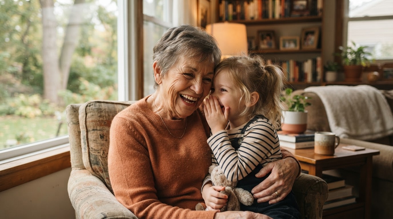 A grandmother laughing as her grandchild whispers in her ear