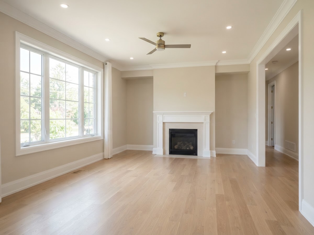 Freshly painted living room with crisp neutral walls and trim