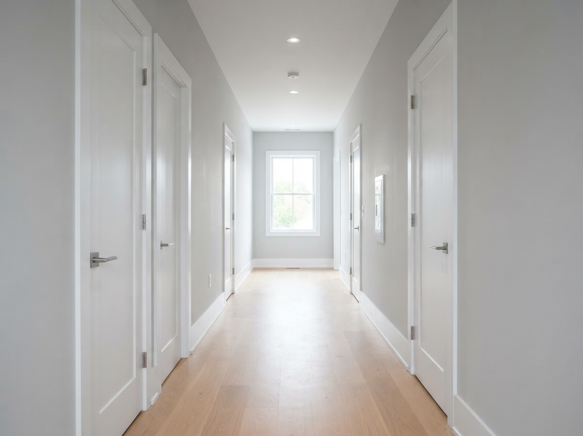 Freshly drywalled and painted hallway with smooth walls and clean trim