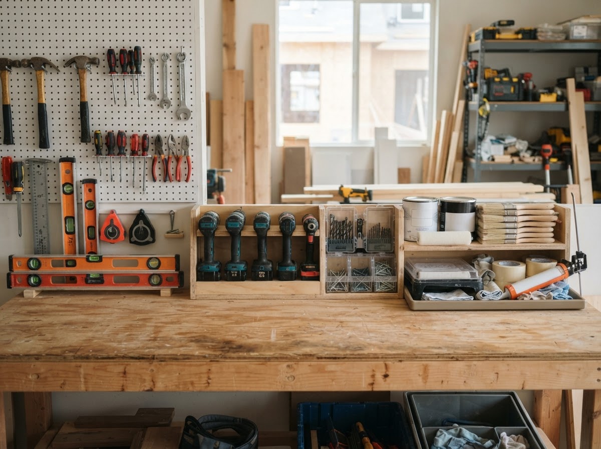 Neatly organized contractor tools and supplies on a clean workbench