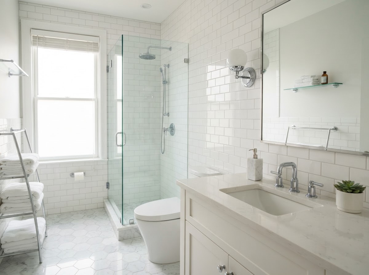 Spotless cleaned bathroom with gleaming tile and polished fixtures