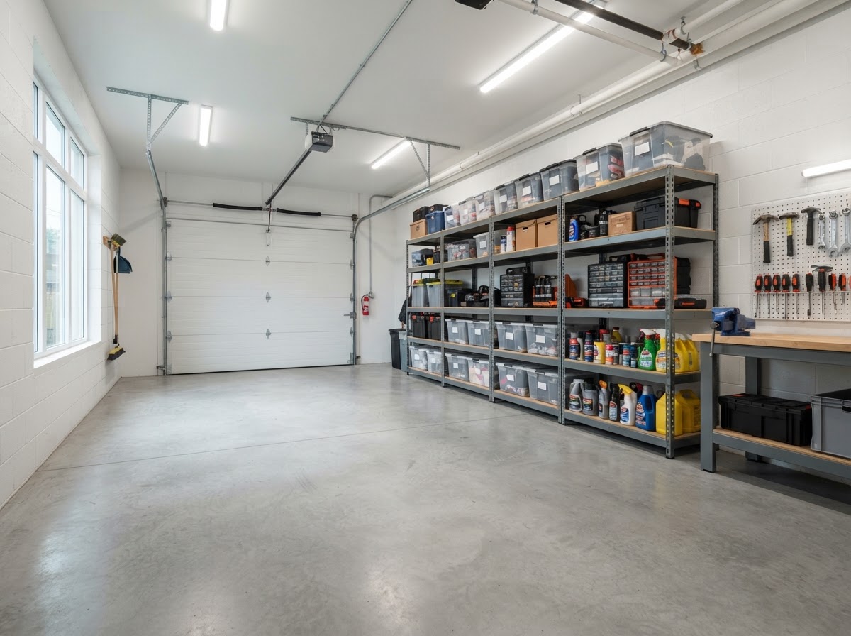 Empty clean garage floor swept tidy with organized shelving