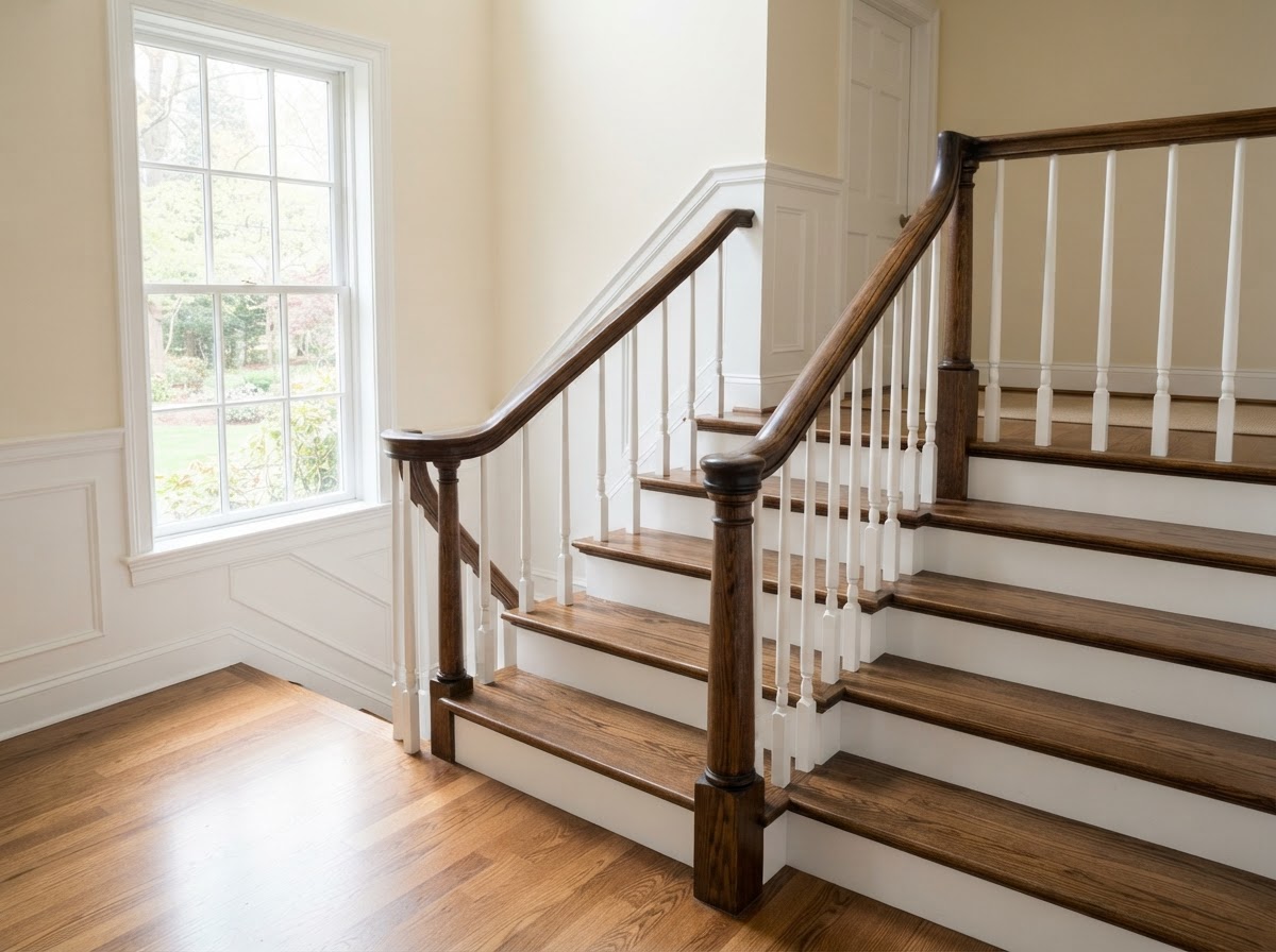 Repaired interior staircase with freshly painted risers and secured banister