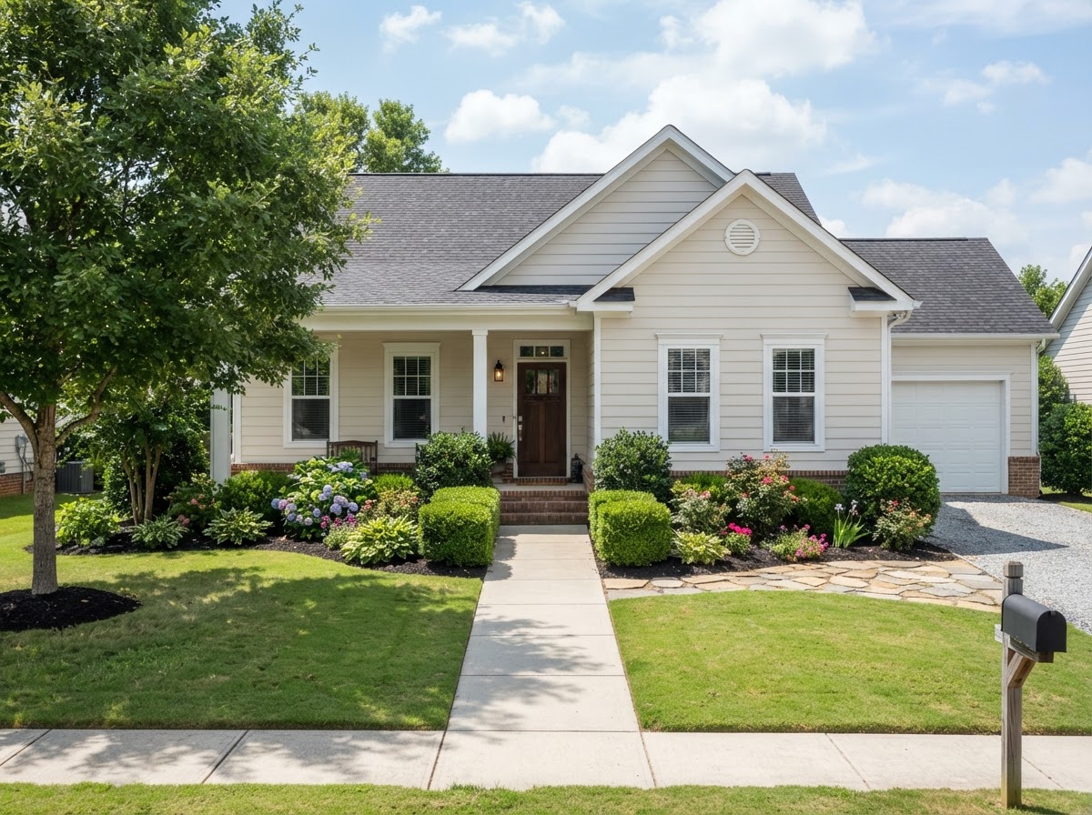 Tidy home exterior with clean siding and swept walkway