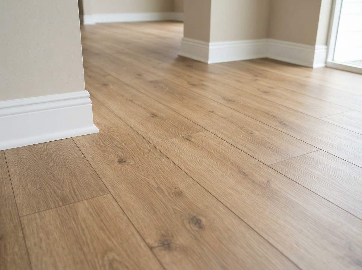 Close-up of newly installed vinyl plank flooring with staggered seams