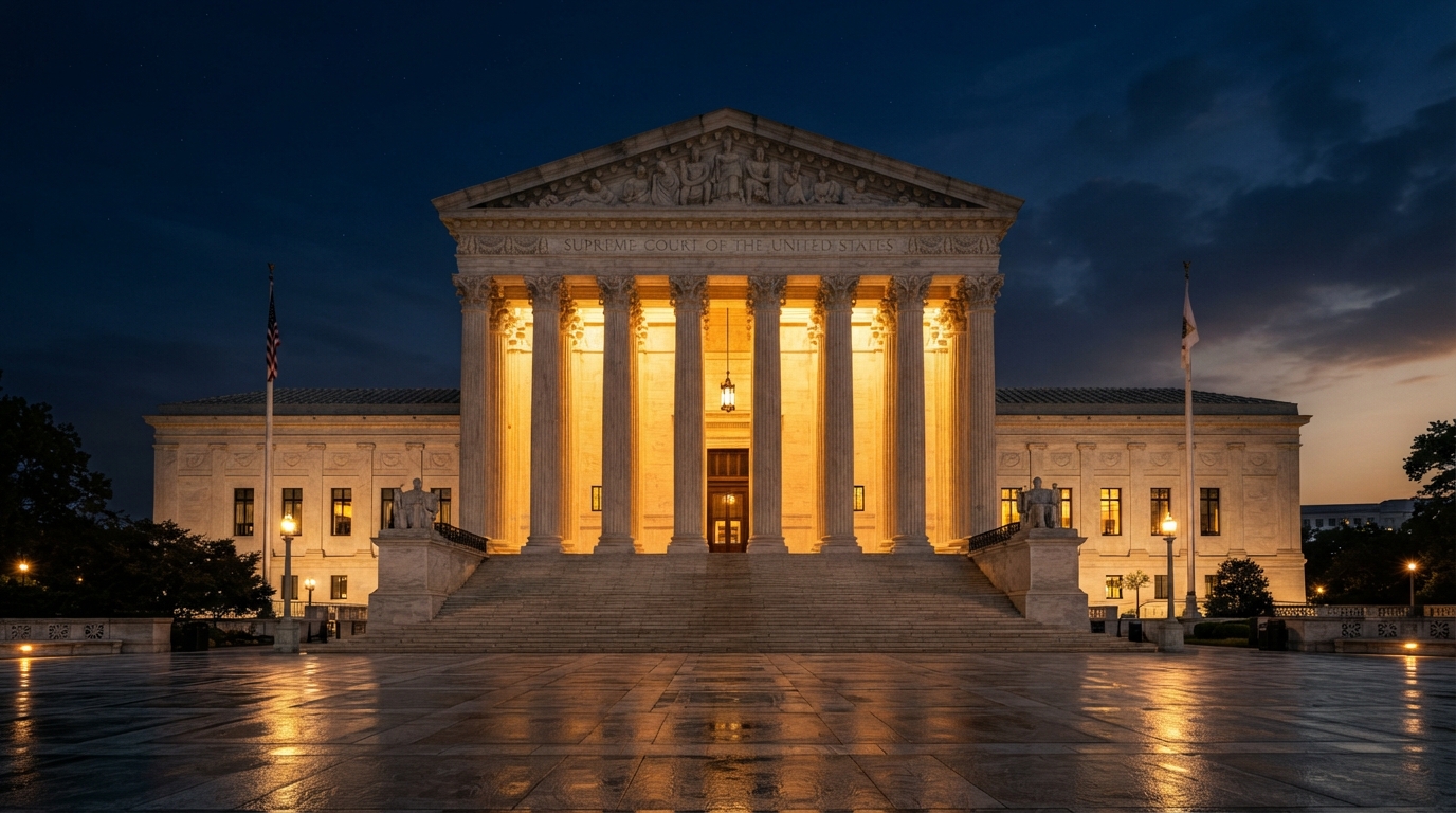 Courthouse with stone columns at dusk representing justice and the law