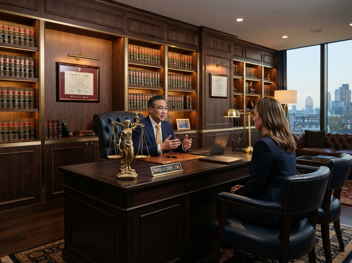 Law office interior with law books