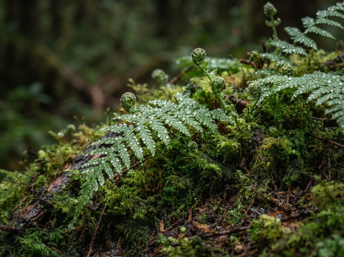 Close-up of vibrant green moss and fern fronds on a quiet forest floor