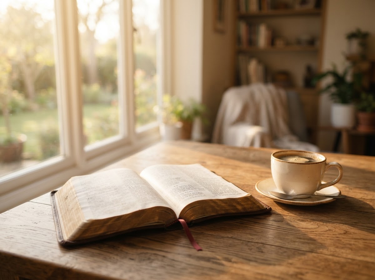 An open Bible with coffee in warm morning light