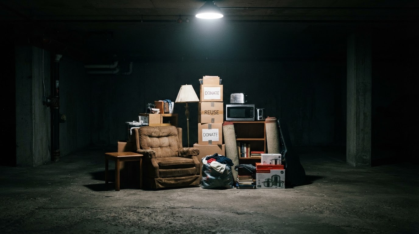 Reclaimed furniture and household items staged for junk removal and donation