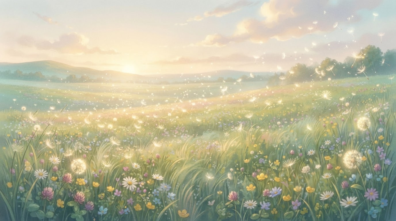 Soft animated still from "Meadow Calm": A sunlit meadow