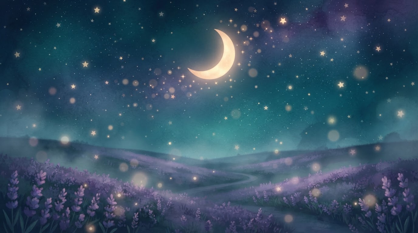 A calm dreamy night sky with a glowing crescent moon and softly drifting sleepy stars