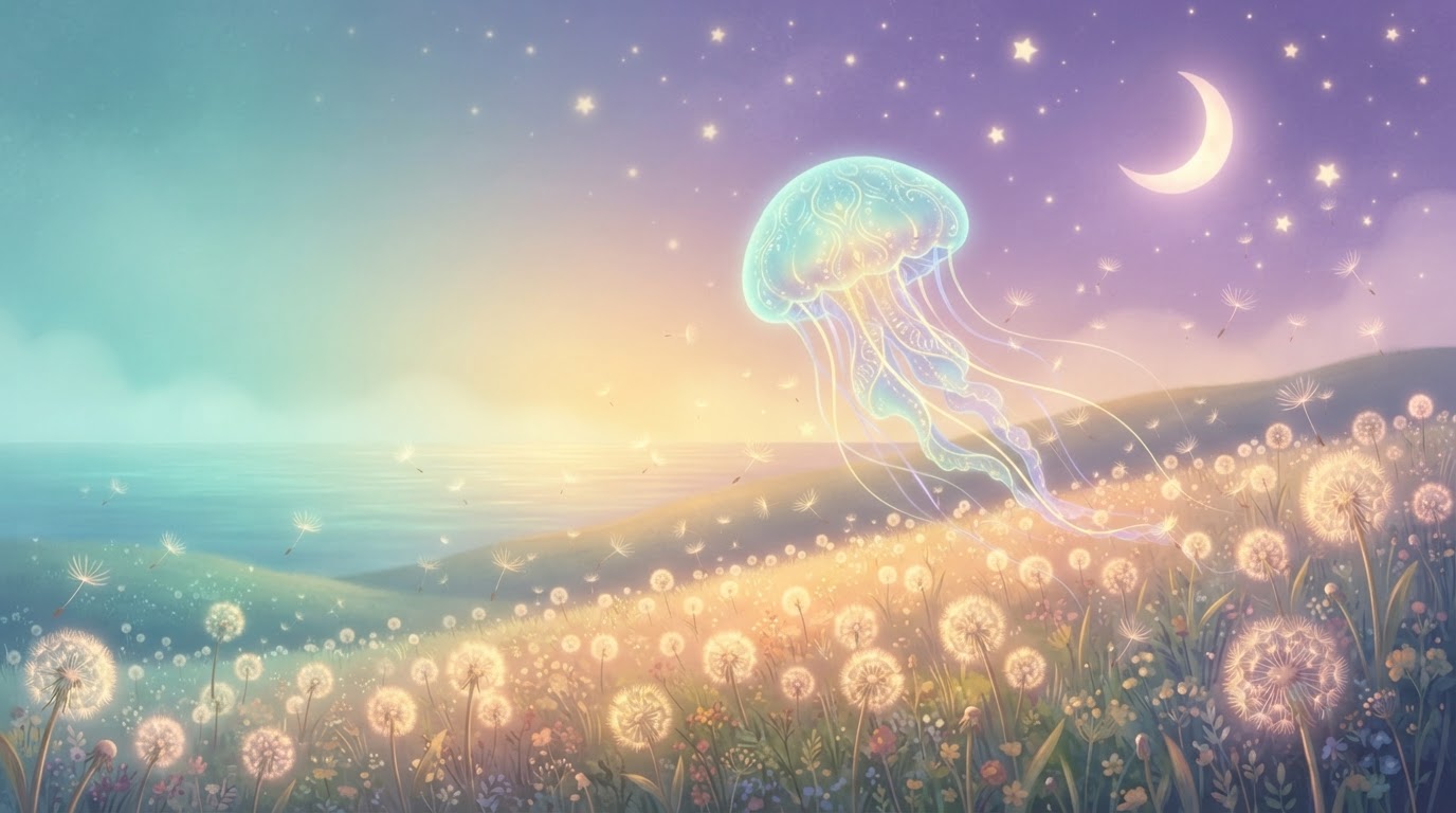 A soft animated brand scene blending a luminous jellyfish, a drifting dandelion meadow, and a dreamy crescent moon
