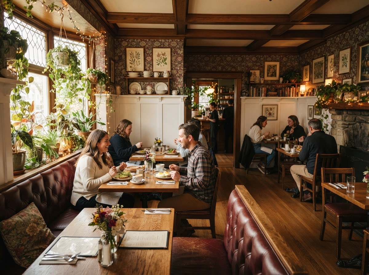 Molly's Souper Cozy Cottage Dining Room with wallpaper, fairy lights, booths and hanging plants