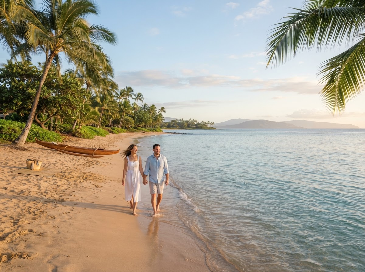 Calm turquoise Kihei beach with palm trees and soft morning light
