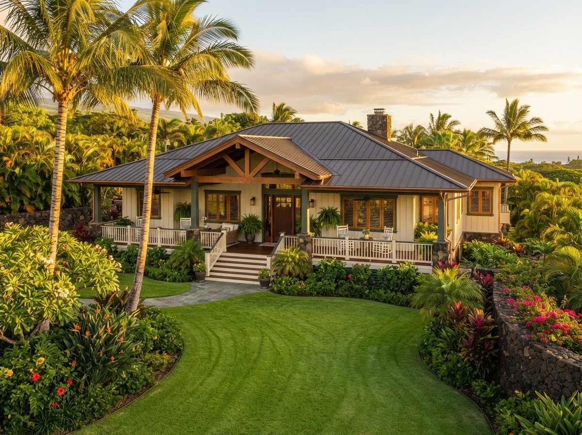 Elegant Hawaiian plantation-style home with tropical landscaping and warm golden light