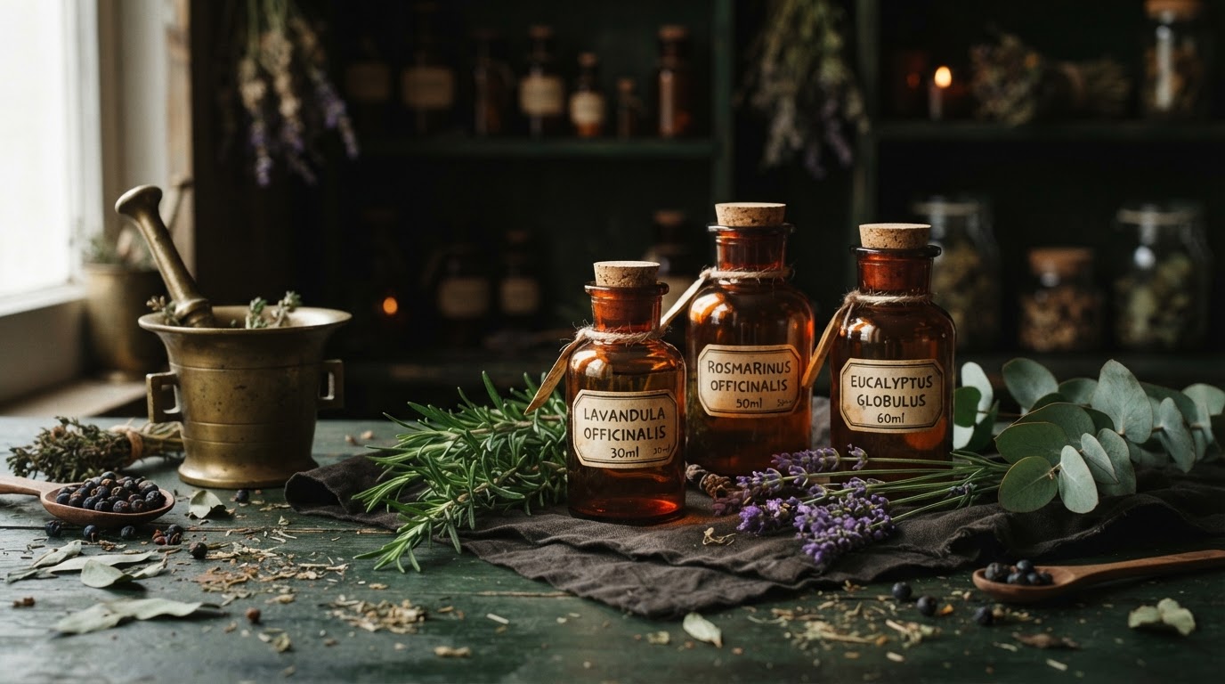 Apothecary still life: essential oils, amber bottles, botanicals