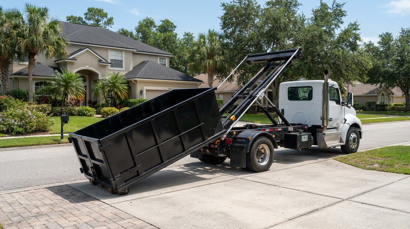 Black roll-off dumpster being delivered by truck at a Jacksonville job site
