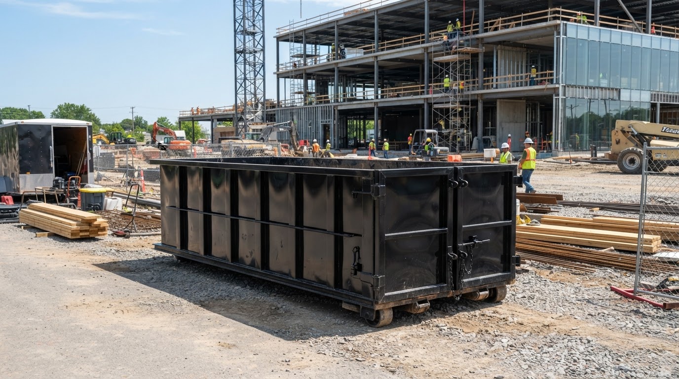 Commercial construction site with black roll-off dumpsters for contractor debris