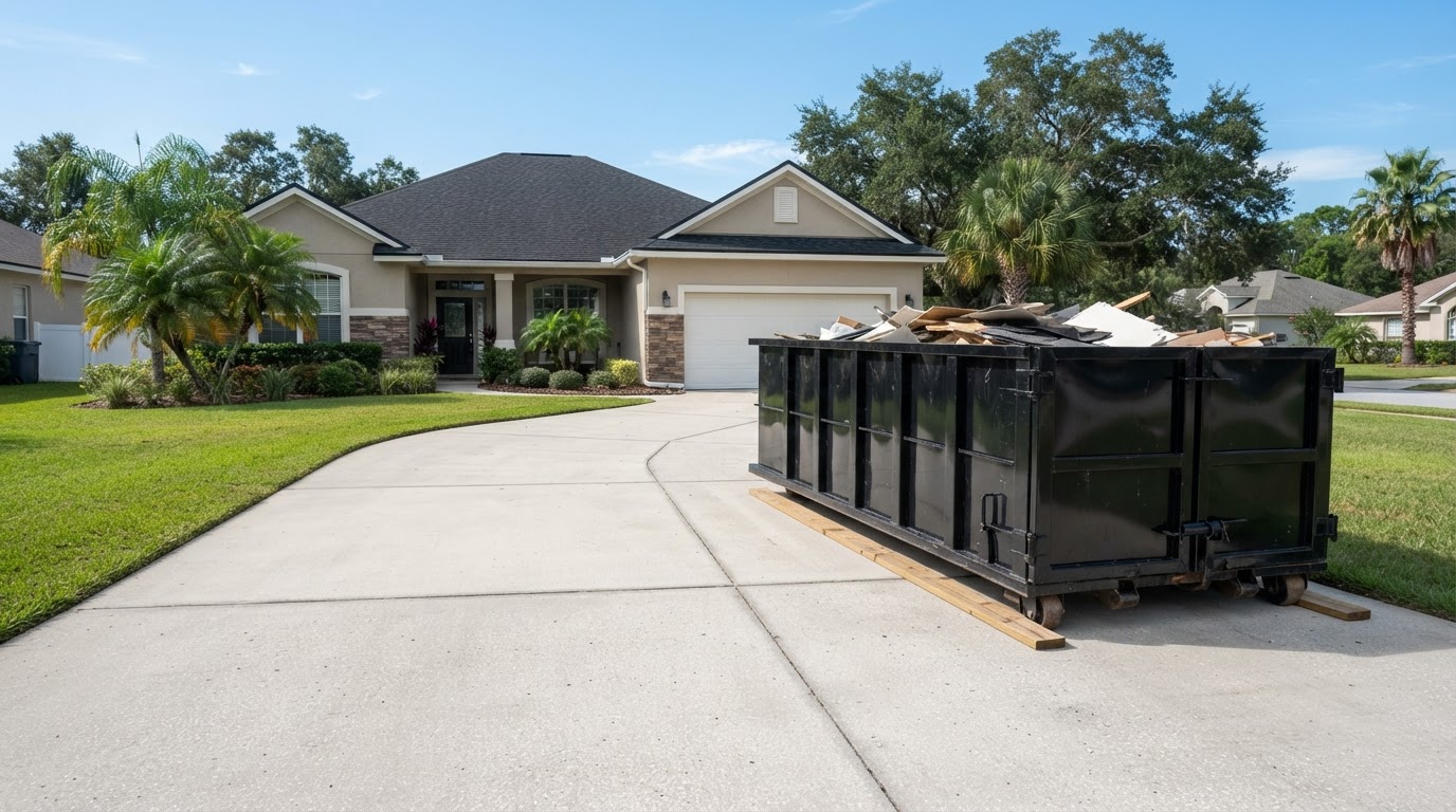 Black roll-off dumpster in a Jacksonville, Florida residential driveway