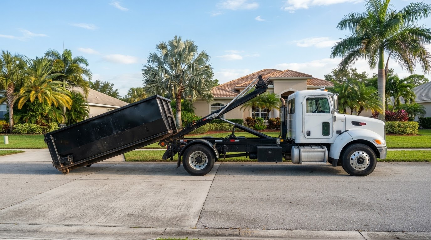 Black Moonwaste roll-off dumpster being delivered by a truck onto a sunny Jacksonville driveway