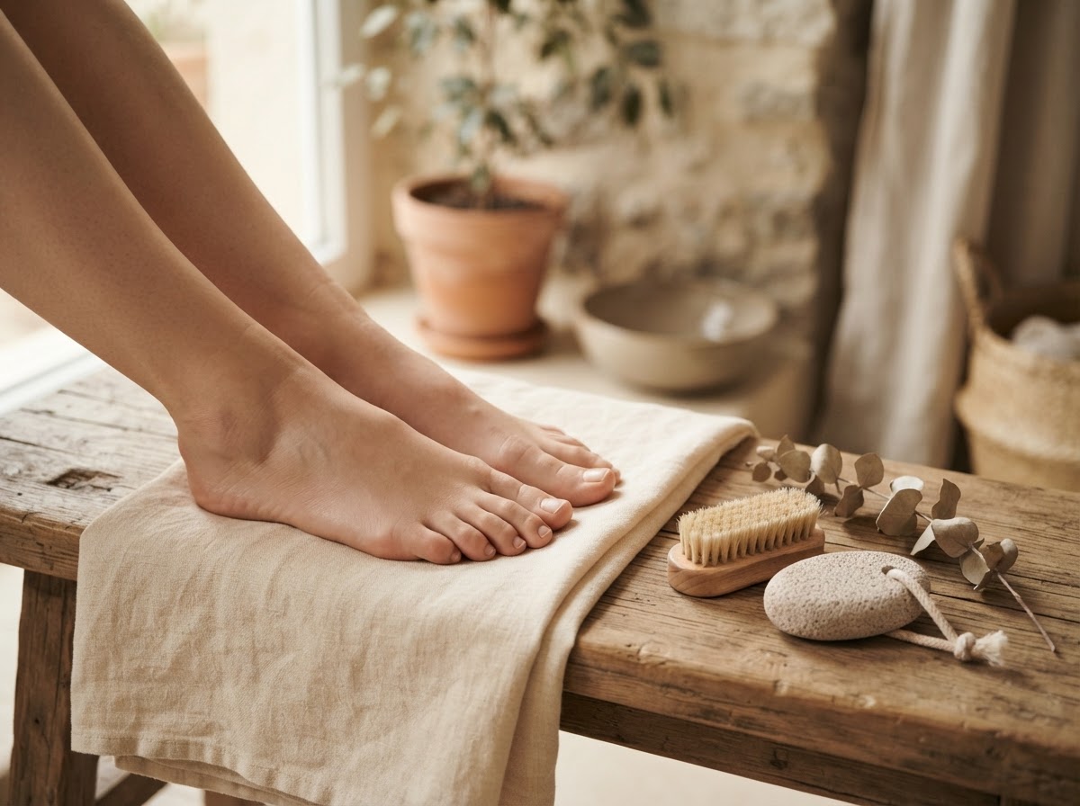 Waterless pedicure with warm towels and a wooden brush