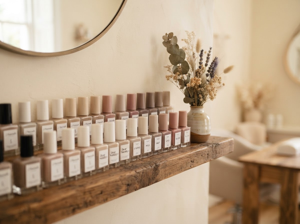 Neatly arranged neutral polish bottles on a wood shelf