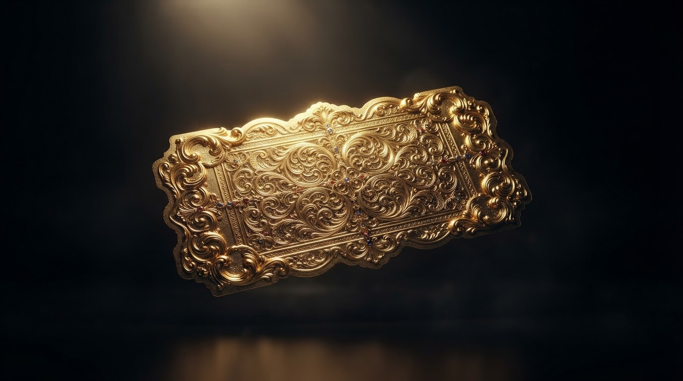 An ornate golden ticket glowing against a dark background