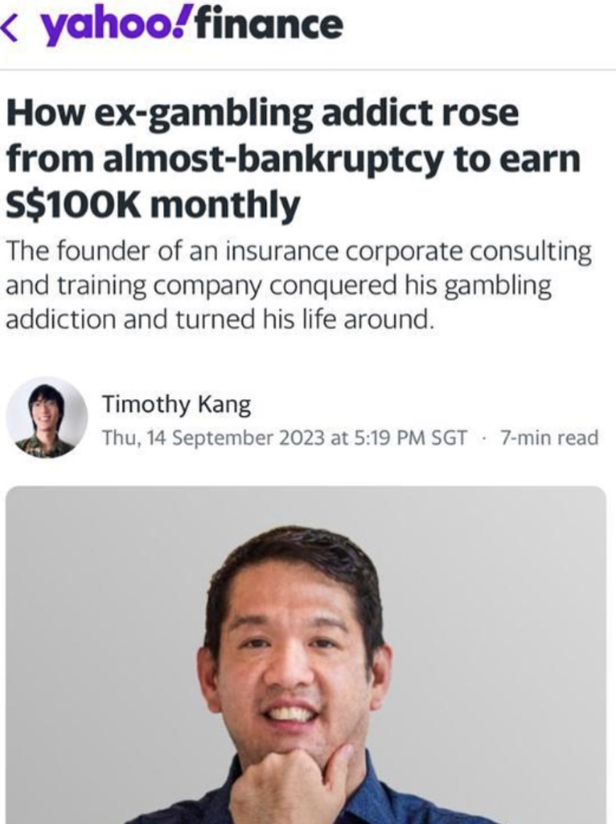 Yahoo Finance feature on Raymond Lim — how ex-gambling addict rose from almost-bankruptcy to earn S$100K monthly