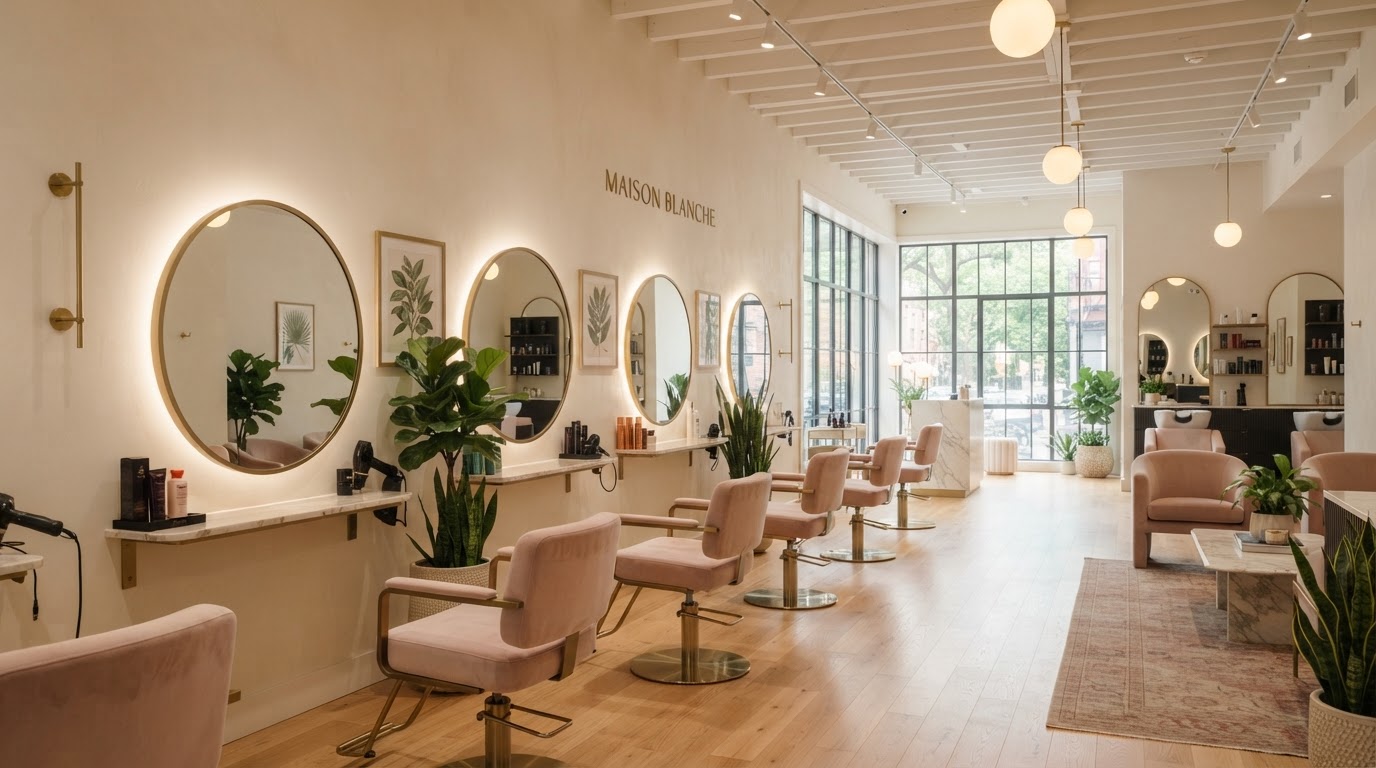 Upscale modern salon interior with soft lighting