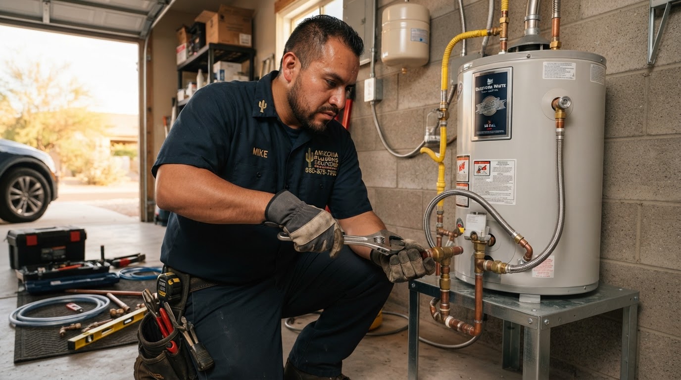 Professional plumber performing a complete water heater installation in an Arizona home