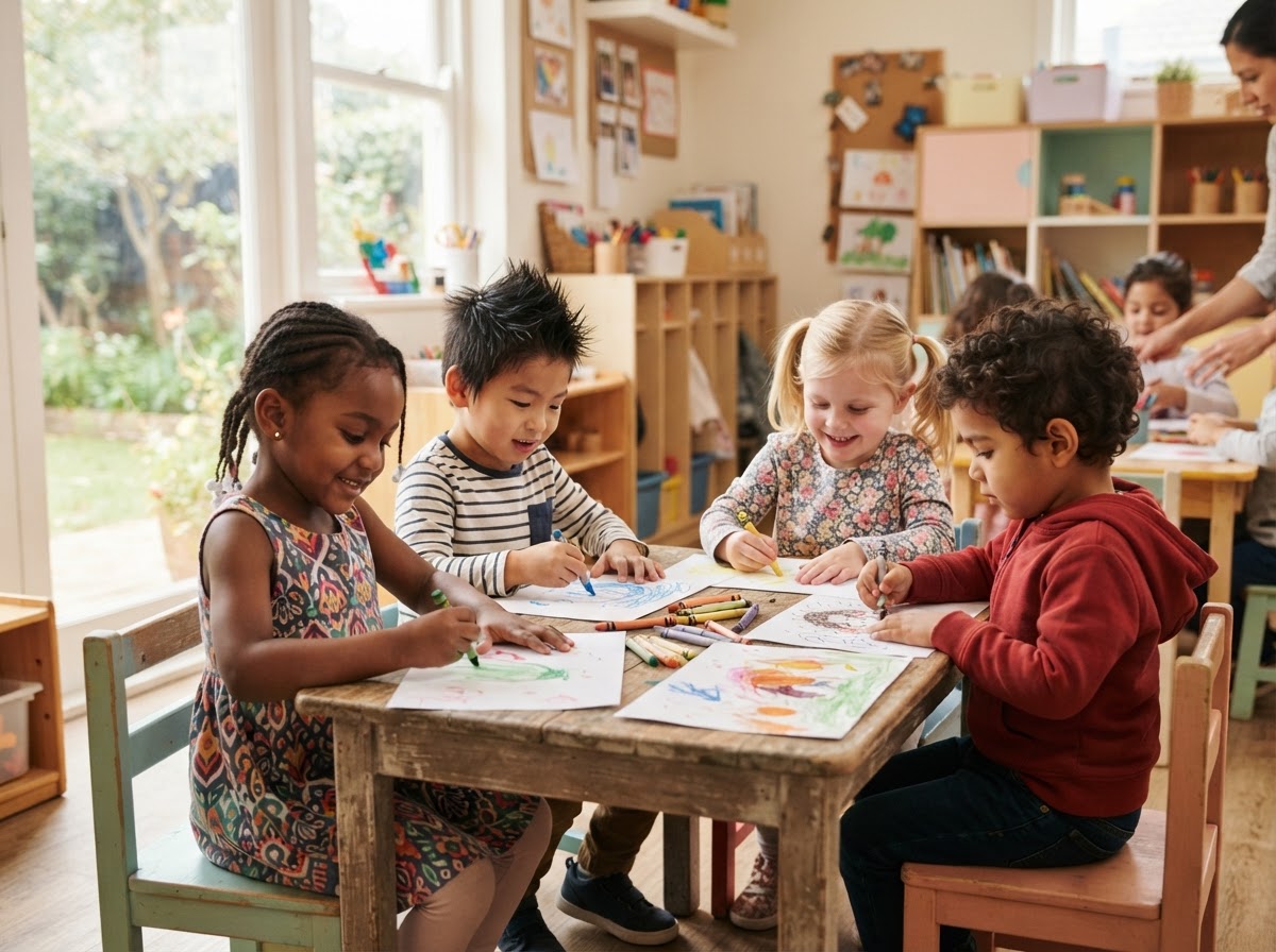 Young children sitting together around a small table drawing and creating art at Cathy's Learn and Grow Daycare