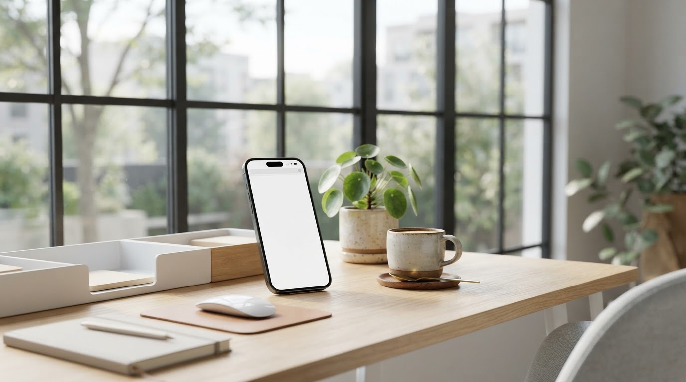 Bright modern desk with phone showing CX365 LeadConnector CRM
