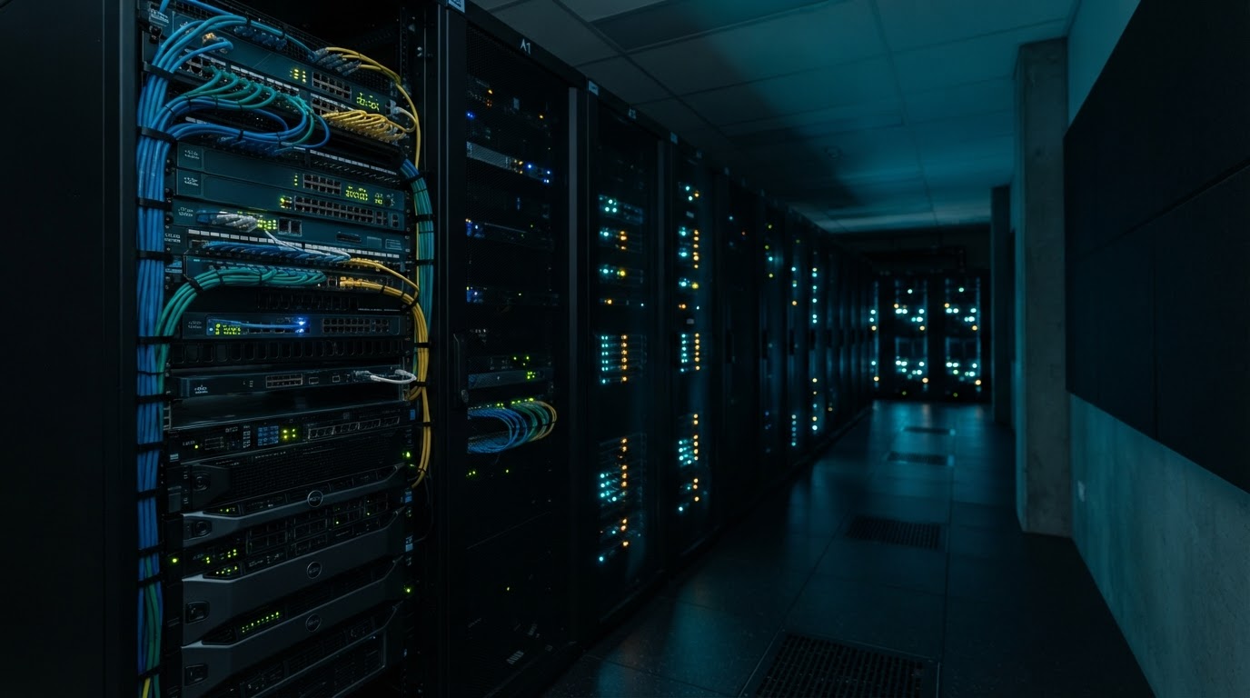 Back-of-house server and communications cabinet rack in a modern Australian business, lit with cool blue ambient light