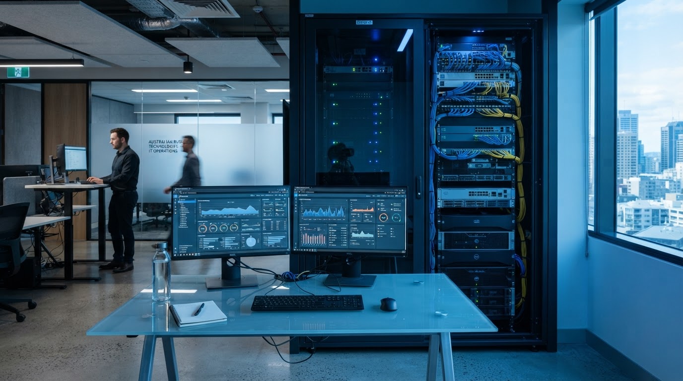 Back office with a desk of computers in the foreground and a glass-front server and communications cabinet rack in the background, lit with cool blue ambient light