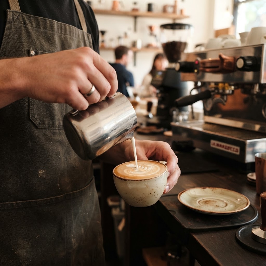 Barista hands pouring milk for latte art