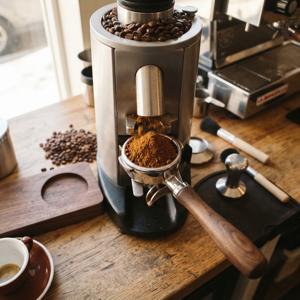 Coffee grounds being ground into a portafilter