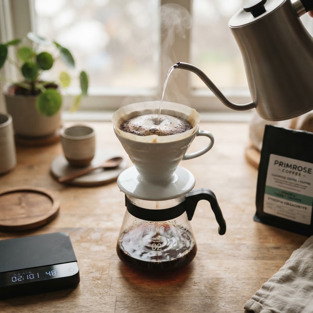 Pour-over coffee setup with glass carafe