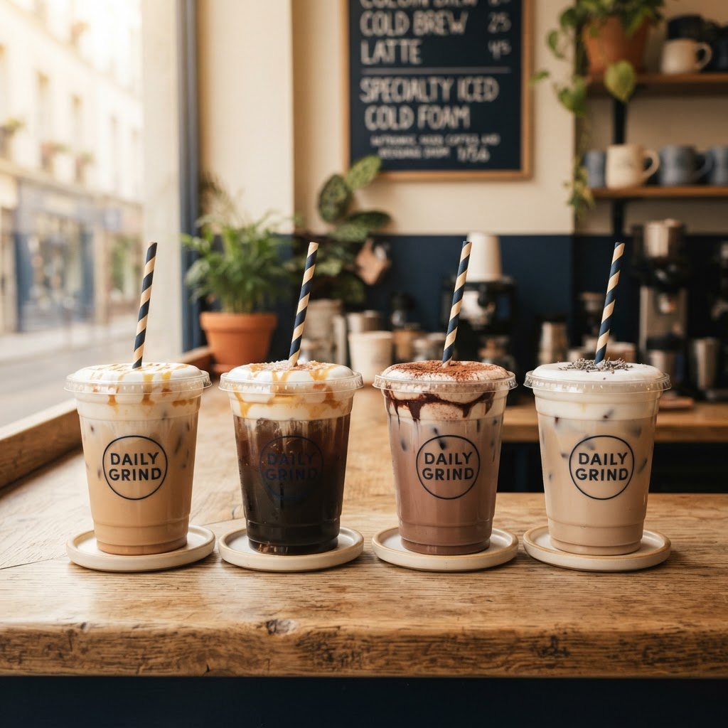 Iced specialty coffee drinks with cold foam