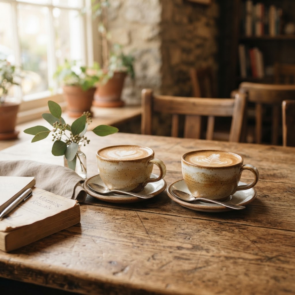 Two cups of coffee on a wooden table