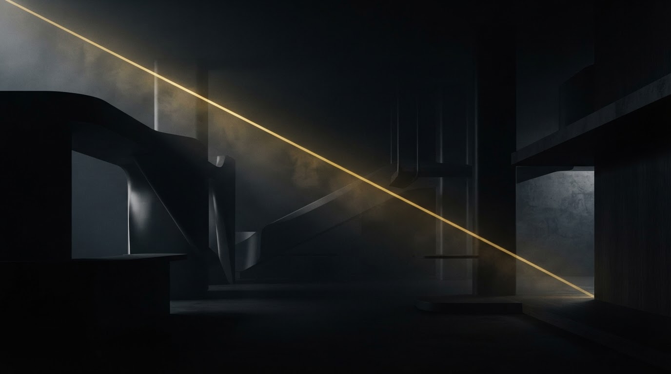 MEL House cinematic studio — dramatic gold light over a dark charcoal stage