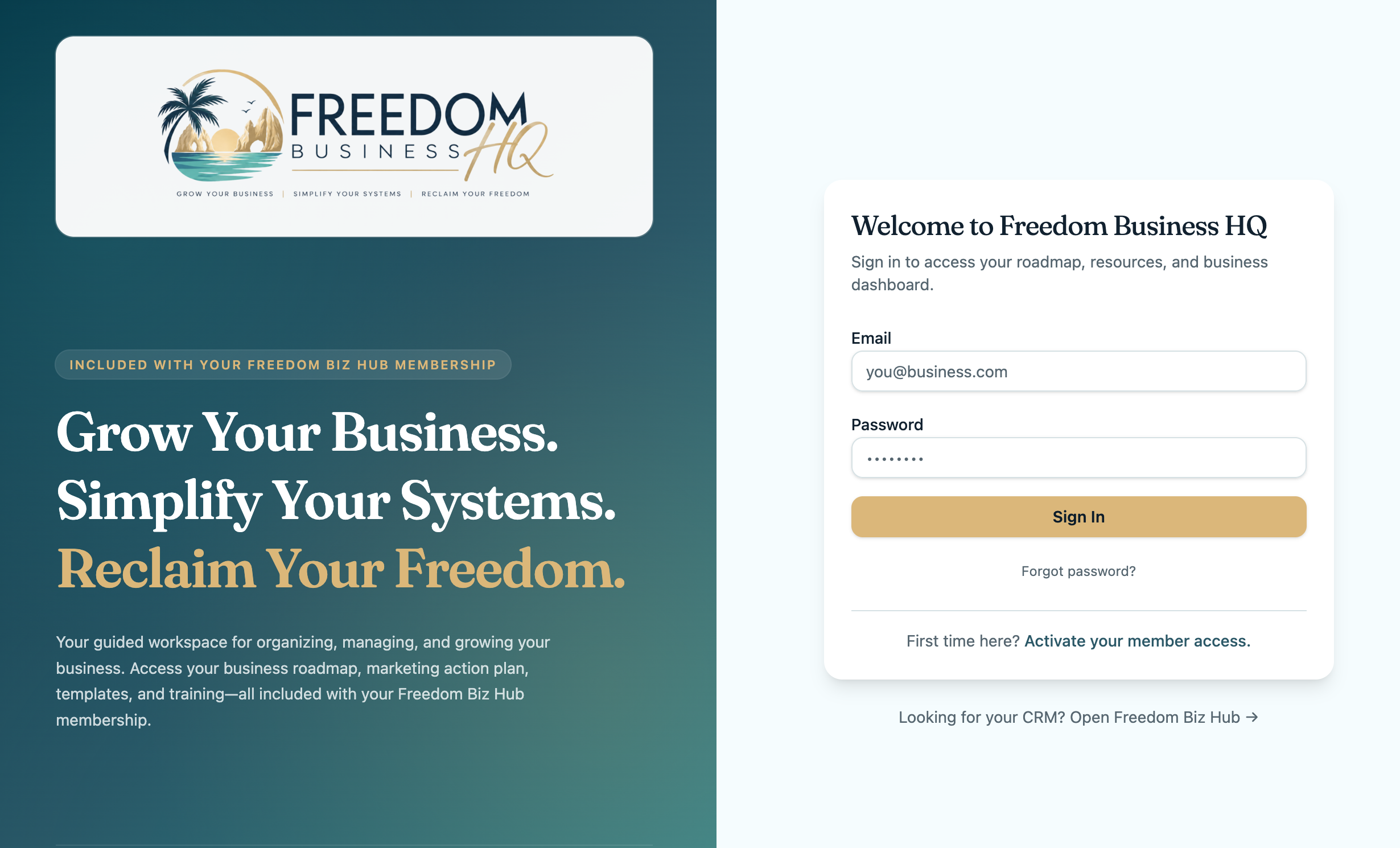 Freedom Business HQ Member Portal — Grow Your Business. Simplify Your Systems. Reclaim Your Freedom.