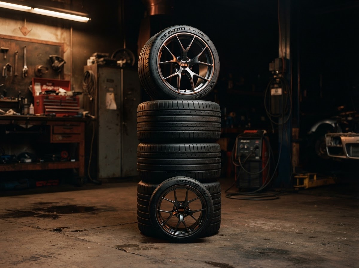 Stack of clean performance tires and alloy wheels in a dark garage under warm industrial lighting.