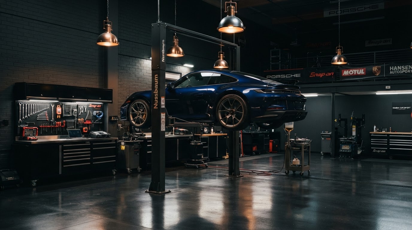 Clean professional automotive repair bay with a vehicle raised on a lift under warm industrial lighting.