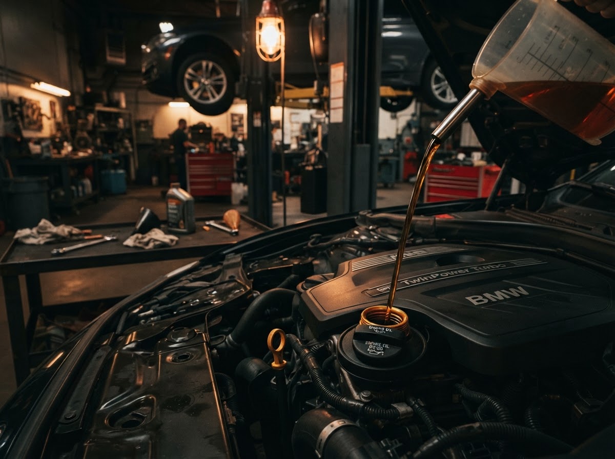 Close-up of an engine oil filler and fresh amber oil during a clean oil change service under warm shop lighting.