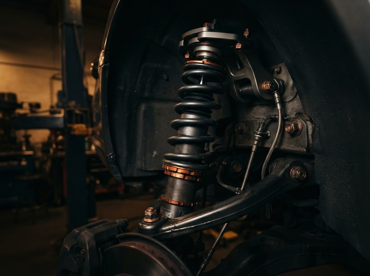 Close-up of automotive suspension components — coil spring and shock absorber — under warm shop lighting.