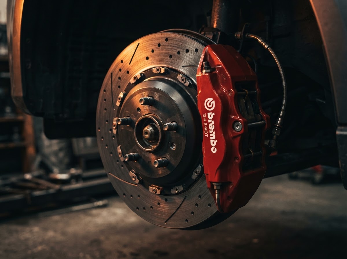 Close-up of a clean automotive disc brake assembly with a brake caliper and rotor under warm shop lighting.