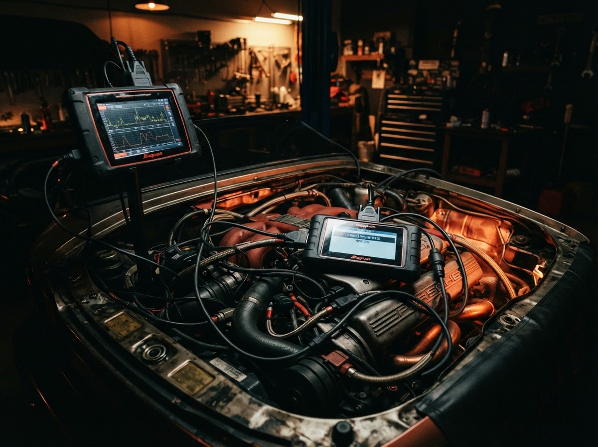 Engine bay with diagnostic equipment and cables connected during a check-engine diagnostic under warm shop lighting.