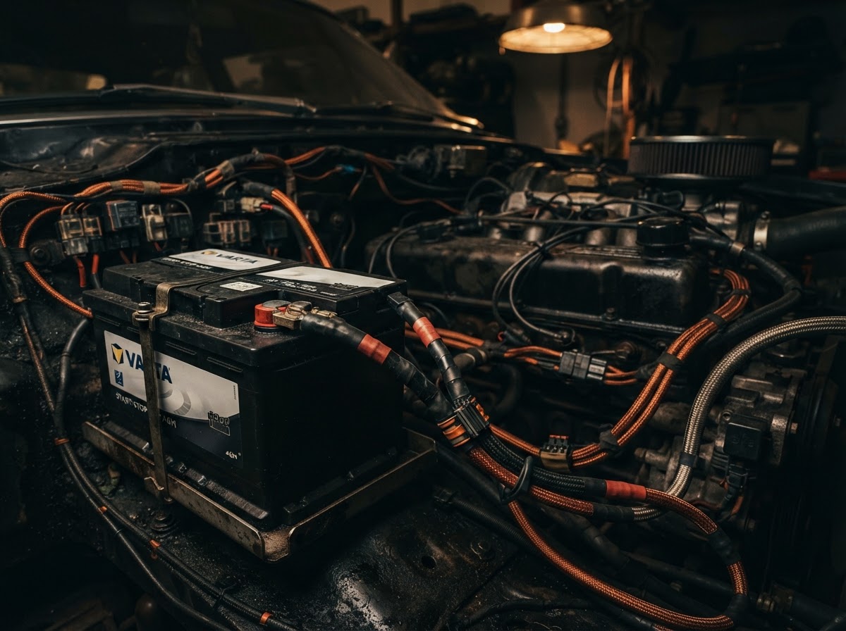 Automotive battery and electrical wiring in a dark engine bay under warm industrial lighting.