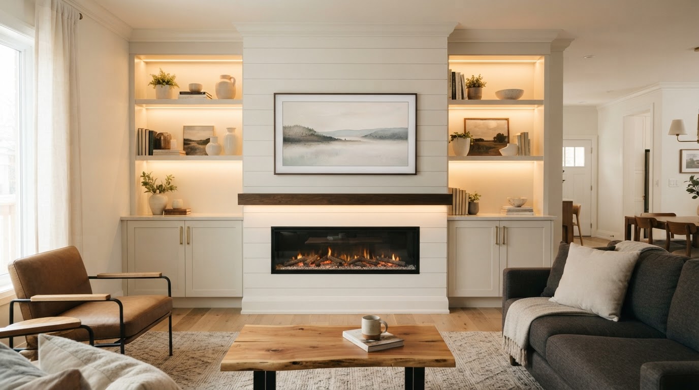 Custom Built-In Media Wall & Electric Fireplace — Custom Carpentry & Built-Ins by DyerWorks